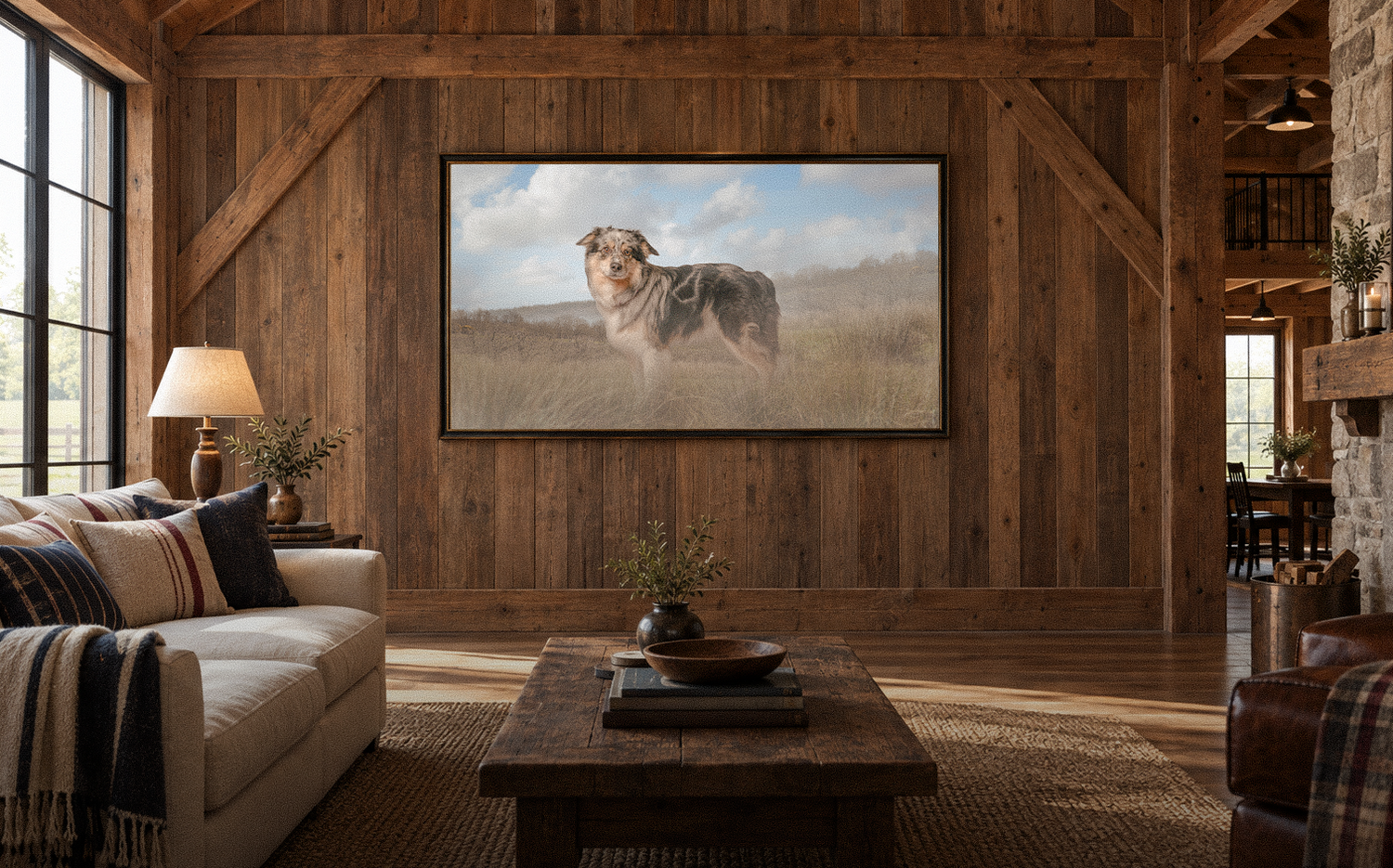 Large framed fine art portrait of an Australian Shepherd dog displayed on wall in rustic wooden barn interior.