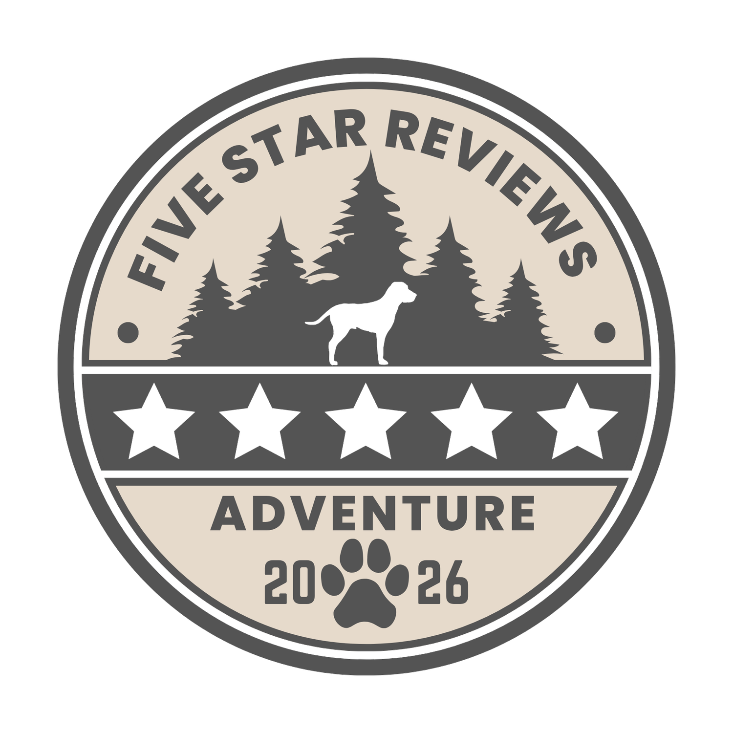 Five star reviews adventure 2026 vintage badge logo with pine trees, stars, and dog silhouette design.