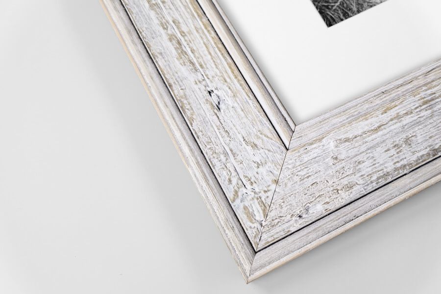 Distressed white wood picture frame corner with silver inner edge detail holding a matted black and white photo.