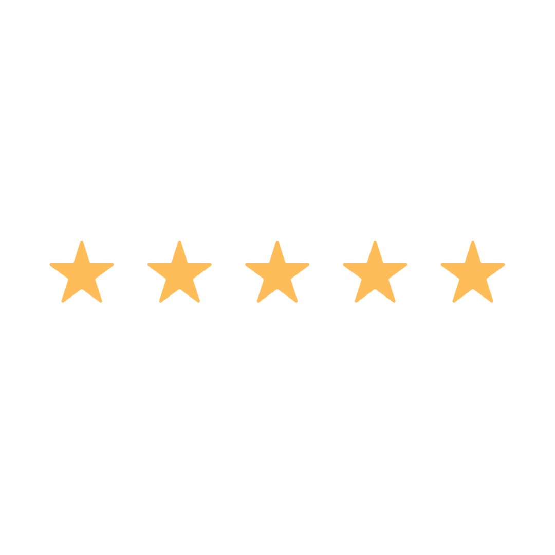 Five golden yellow stars rating icon on white background representing a perfect five star review rating.