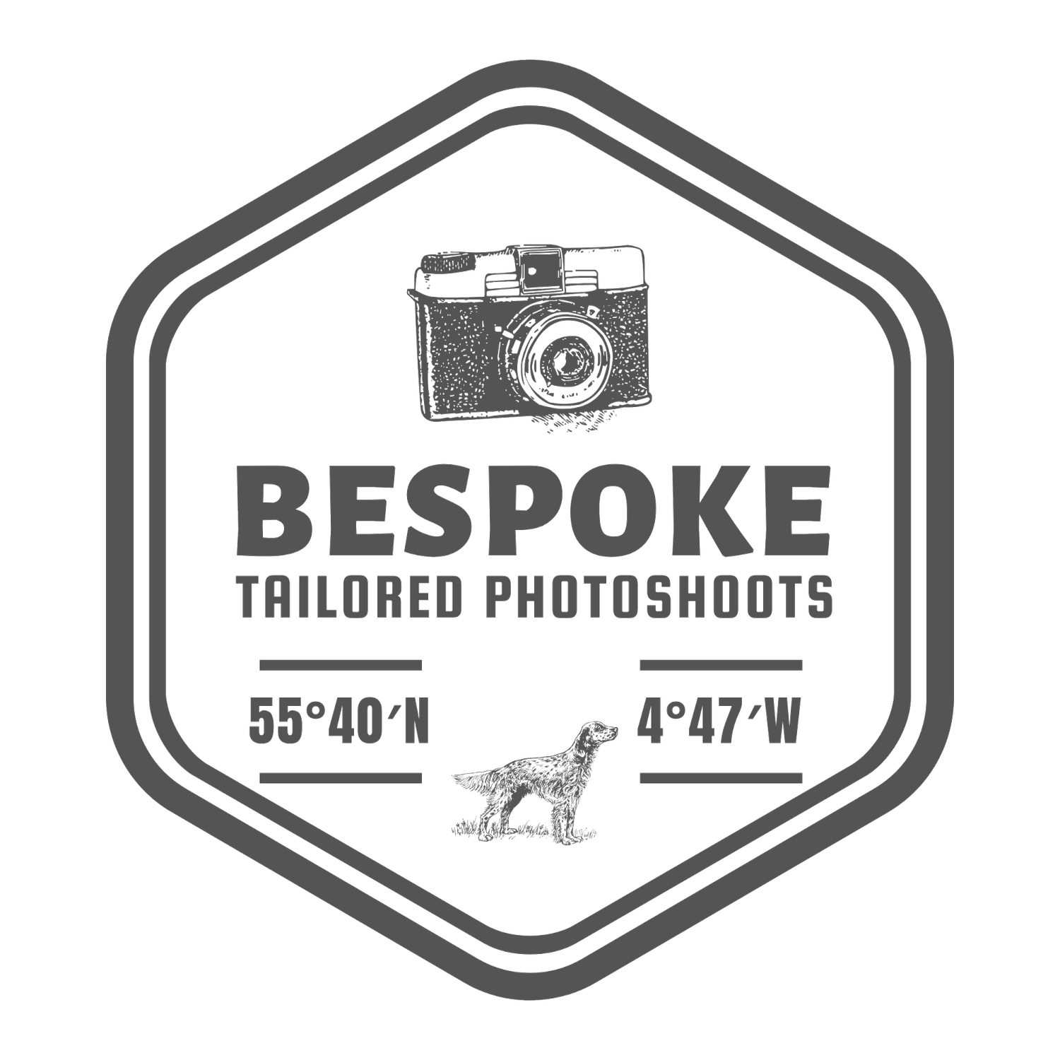 Bespoke tailored photoshoots hexagonal badge logo with camera illustration and GPS coordinates 55°40'N 4°47'W.