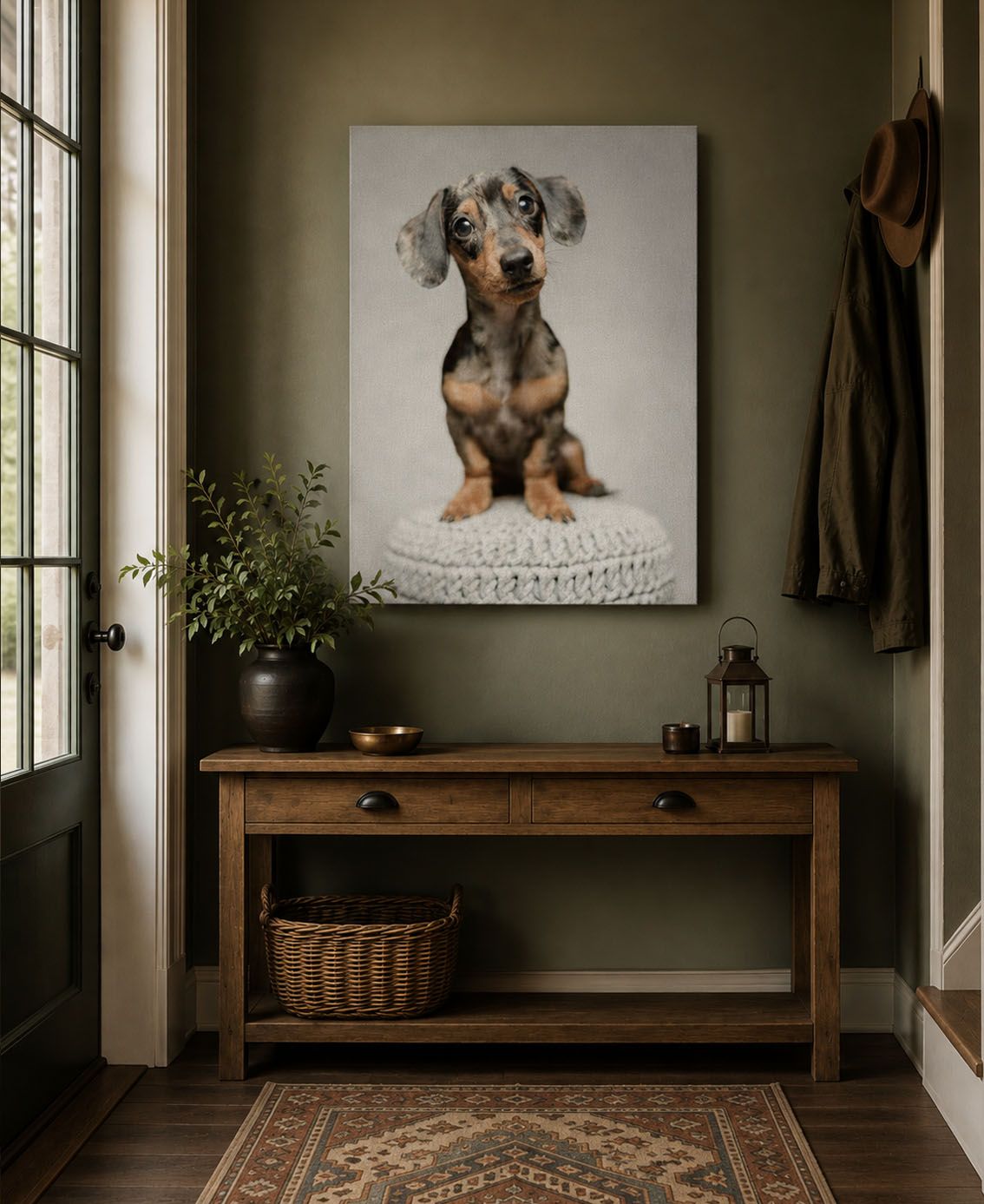 Large canvas print of a Dachshund puppy on a pedestal hanging in an olive green entryway.