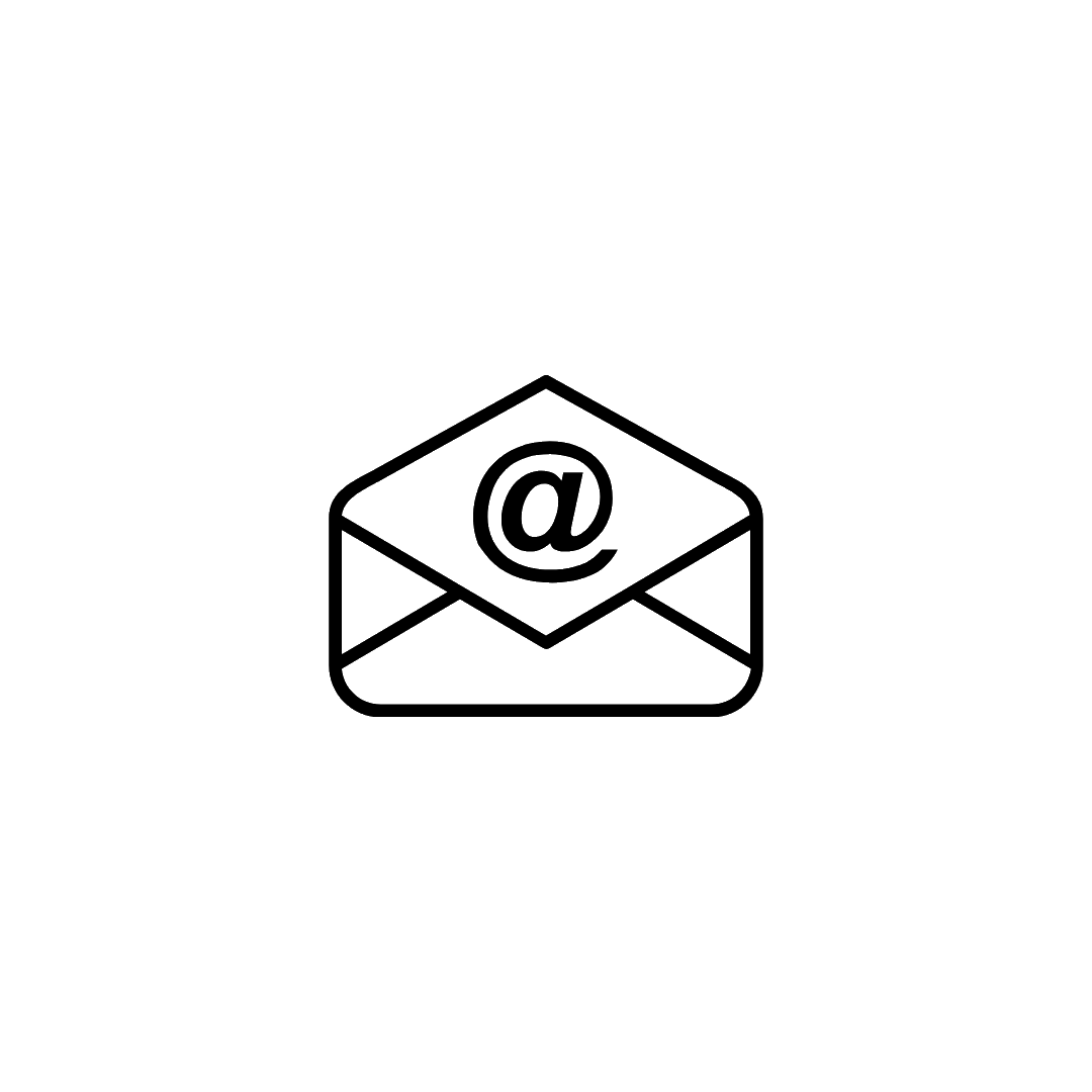 Open envelope icon with an at symbol, representing email communication in a simple black outline design.