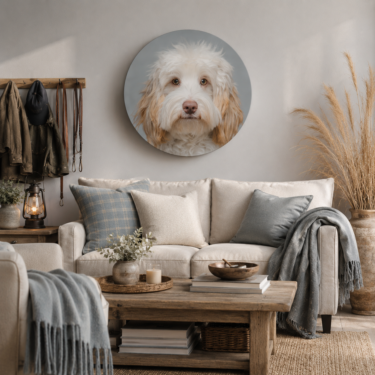 Round canvas portrait of a fluffy white Goldendoodle dog displayed in a neutral boho living room.