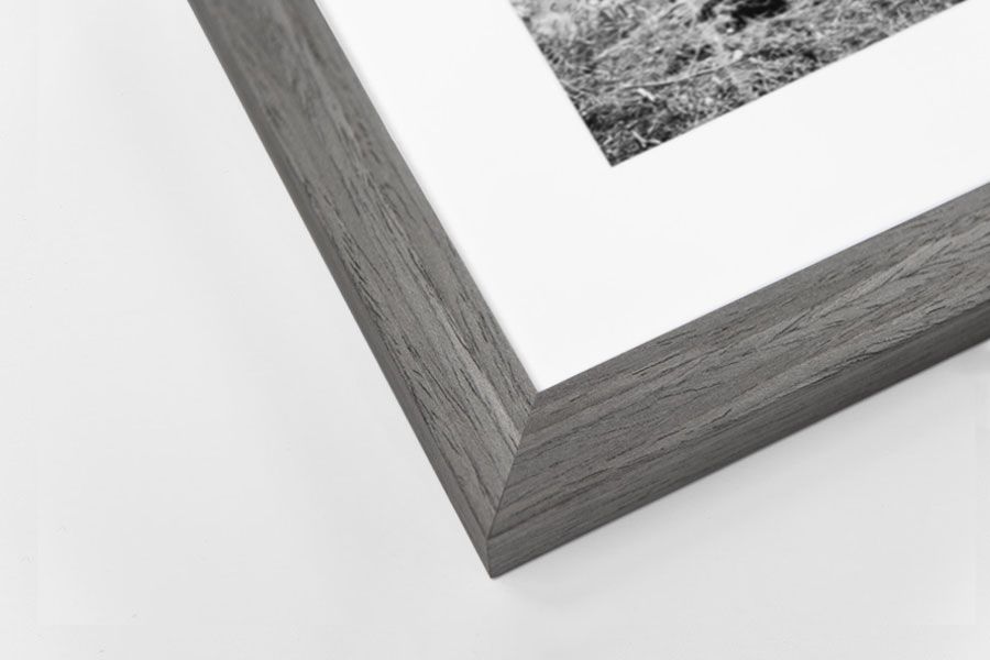 Dark gray textured wood grain picture frame corner with white mat and black and white photograph.
