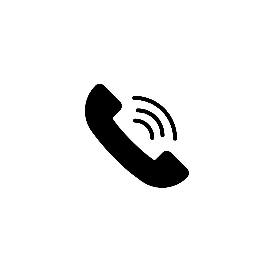 Black telephone handset icon with signal waves, representing phone call or contact us symbol on white background.