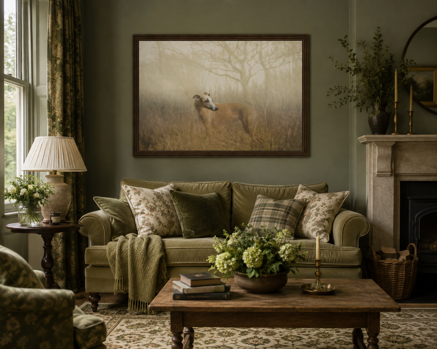 Framed Fine art sighthound hanging above green sofa in cosy traditional living room.