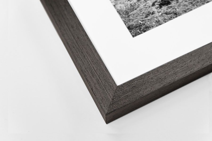 Dark charcoal wood grain picture frame corner with white mat and black and white photo print.