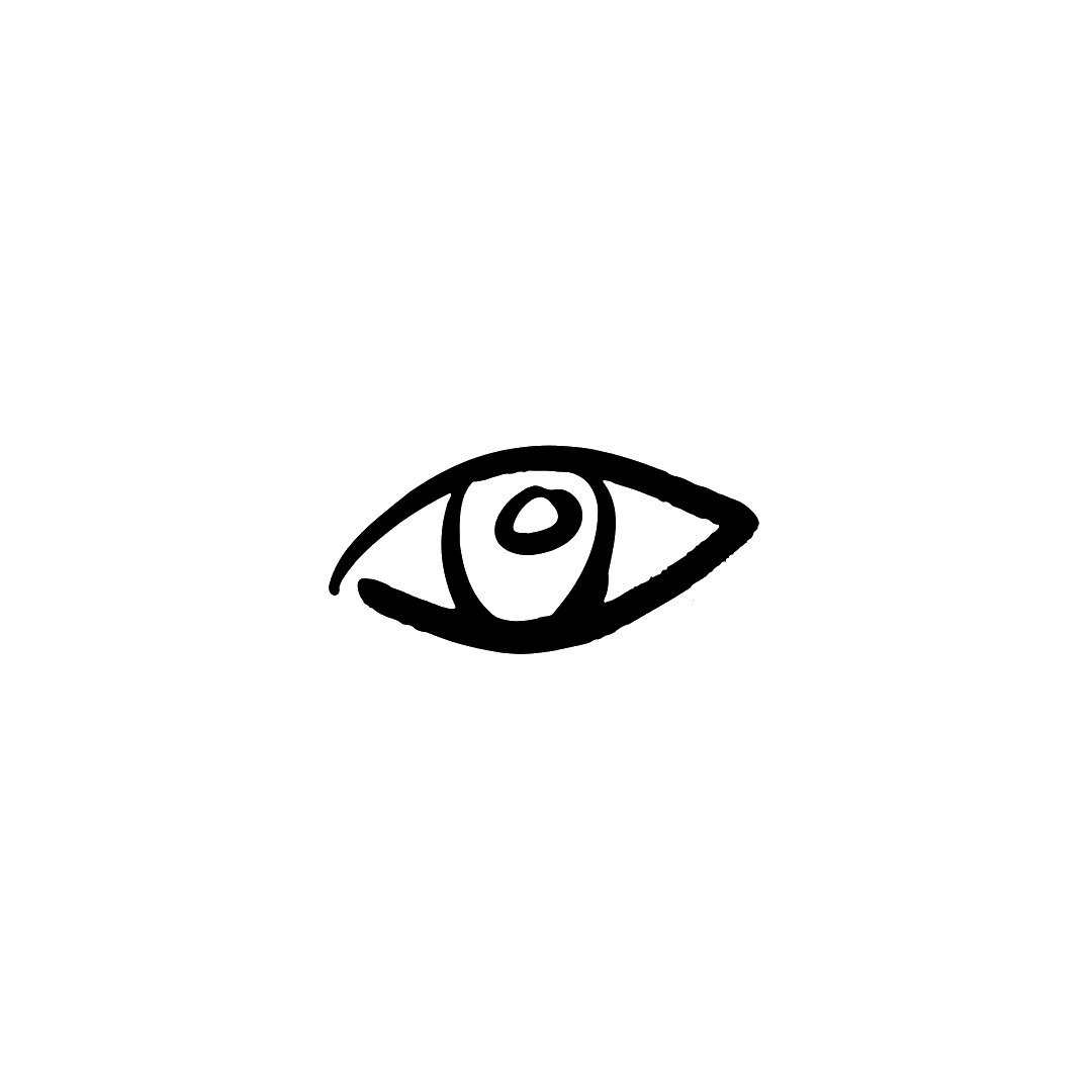 Simple black and white hand-drawn eye icon illustration with bold outlines on white background.