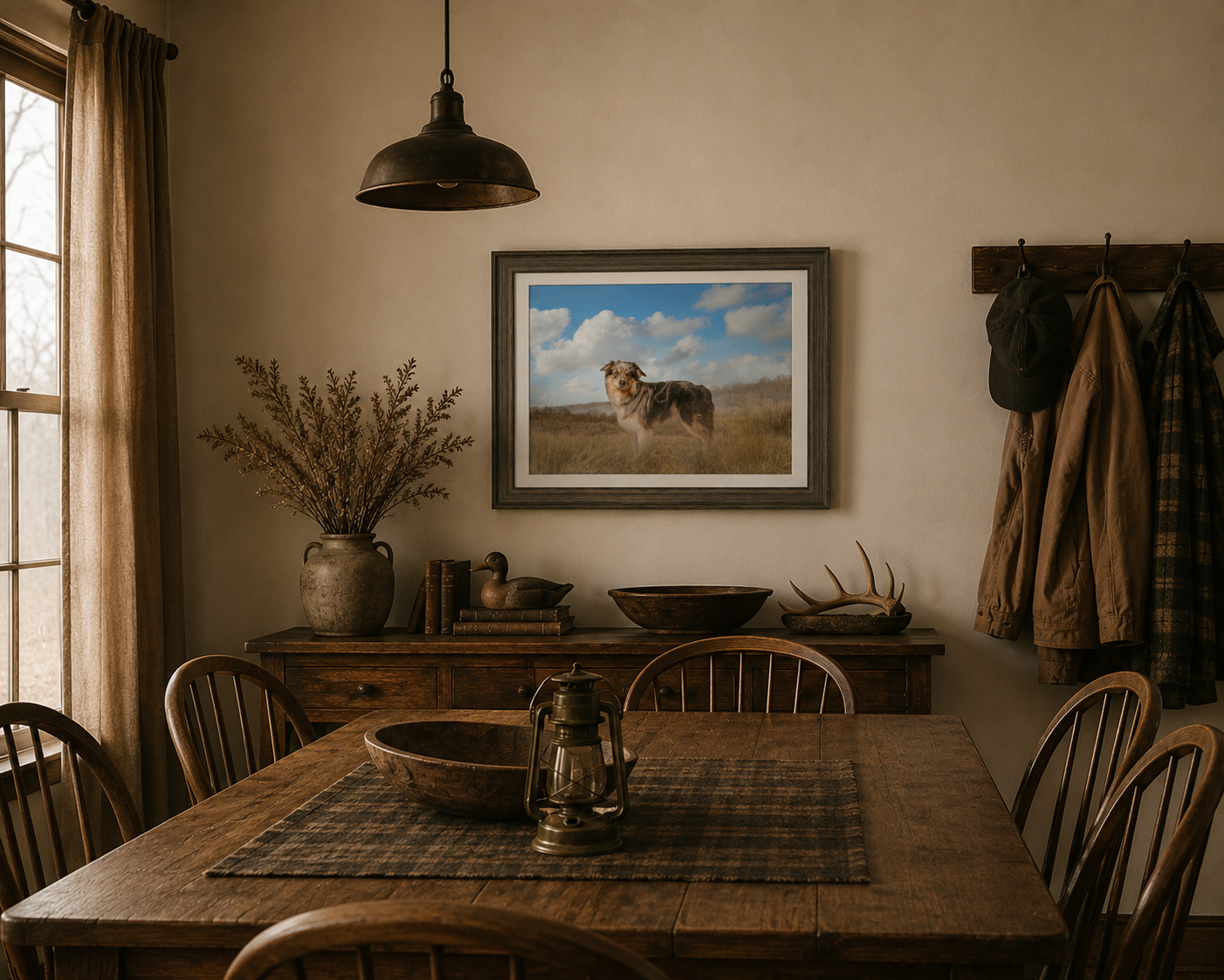 Framed Border Collie landscape art print displayed in a rustic farmhouse dining room.