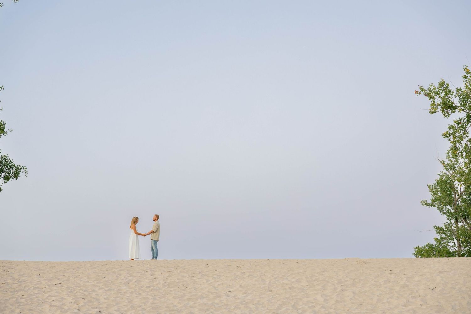 A couple holds hands on a sandy beach dune with a tree and pale blue sky in the background.