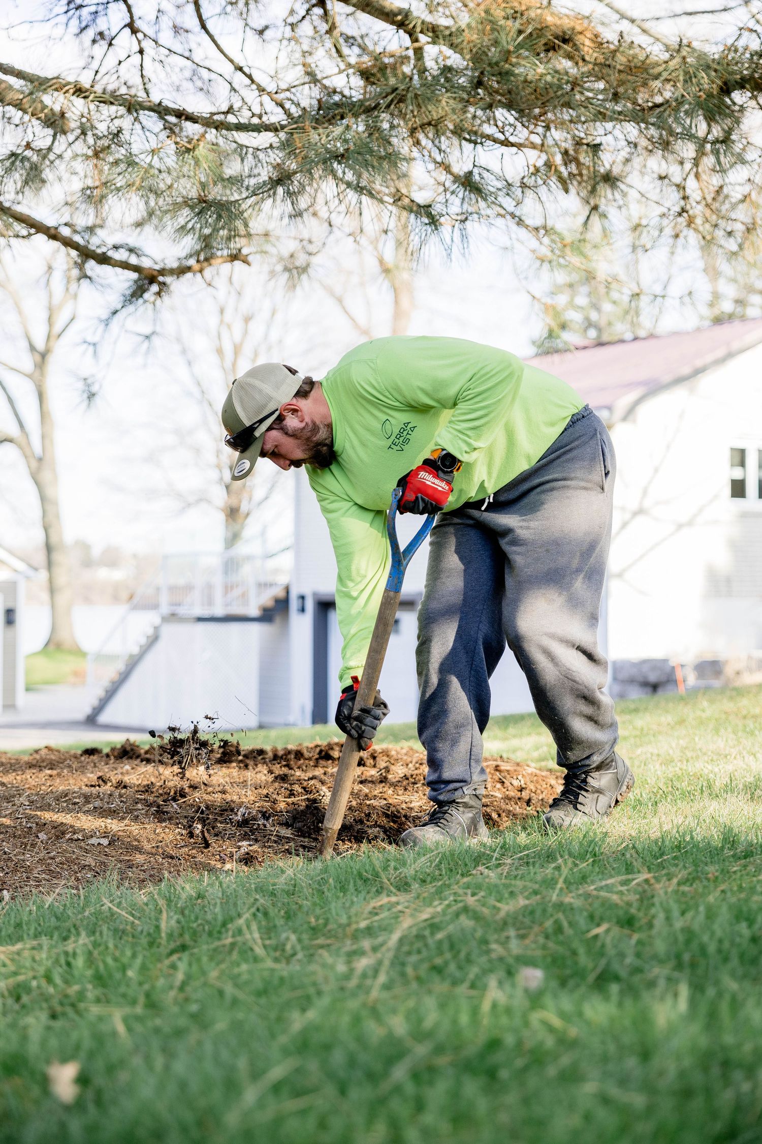 Landscaper in a lime green shirt digging with a shovel around tree roots in a mulched garden bed.