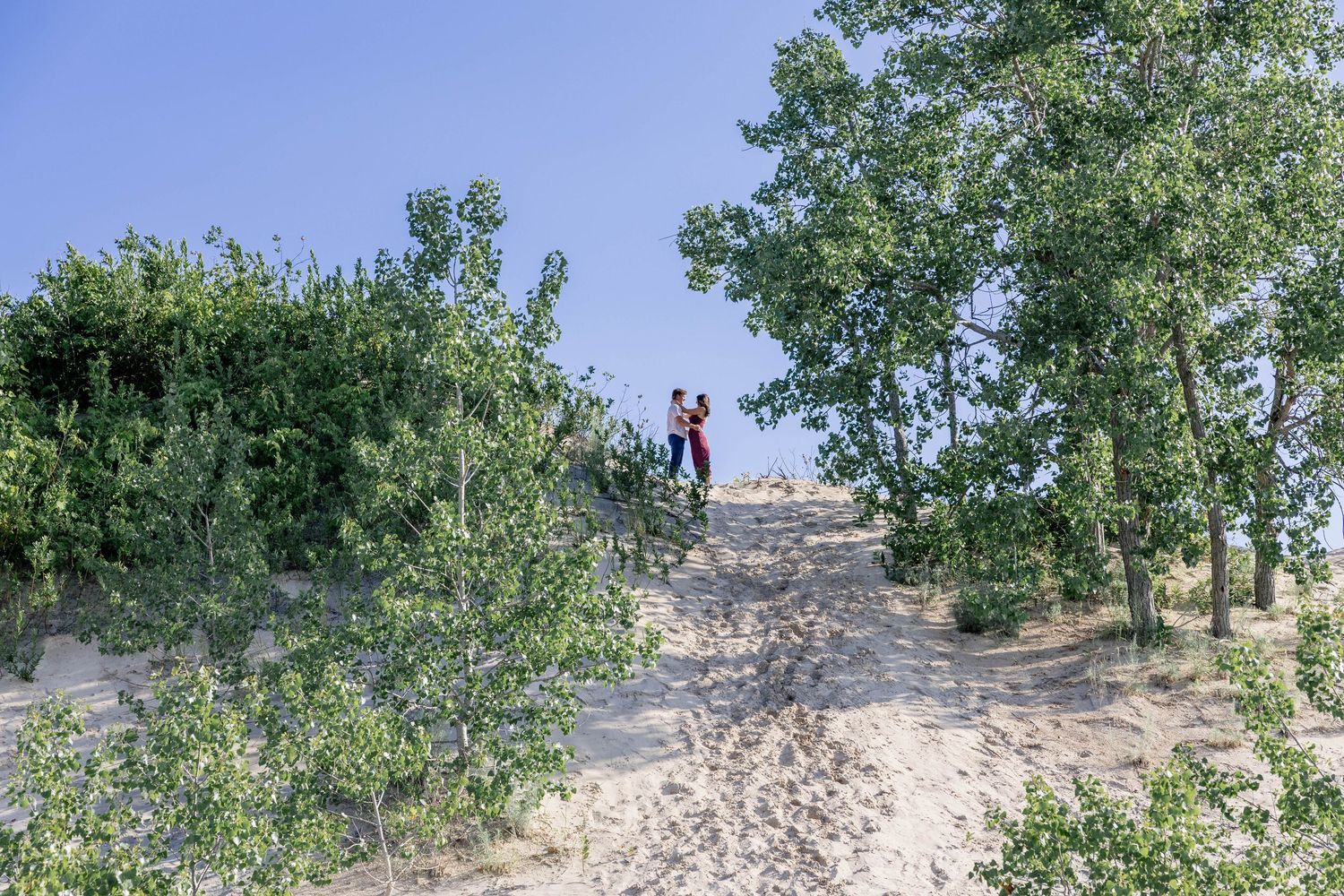 Couple standing on sandy dune path surrounded by lush green trees under clear blue sky.