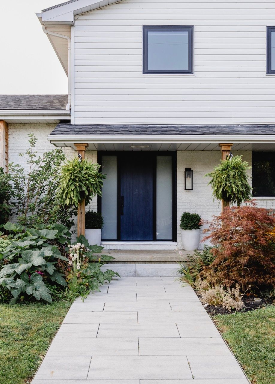 Modern home entrance with a bold navy blue door, hanging ferns, and a stone tile walkway lined with lush greenery.