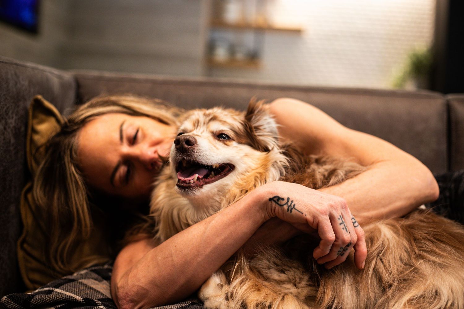 Woman cuddling and playing with her happy fluffy dog on a couch indoors.
