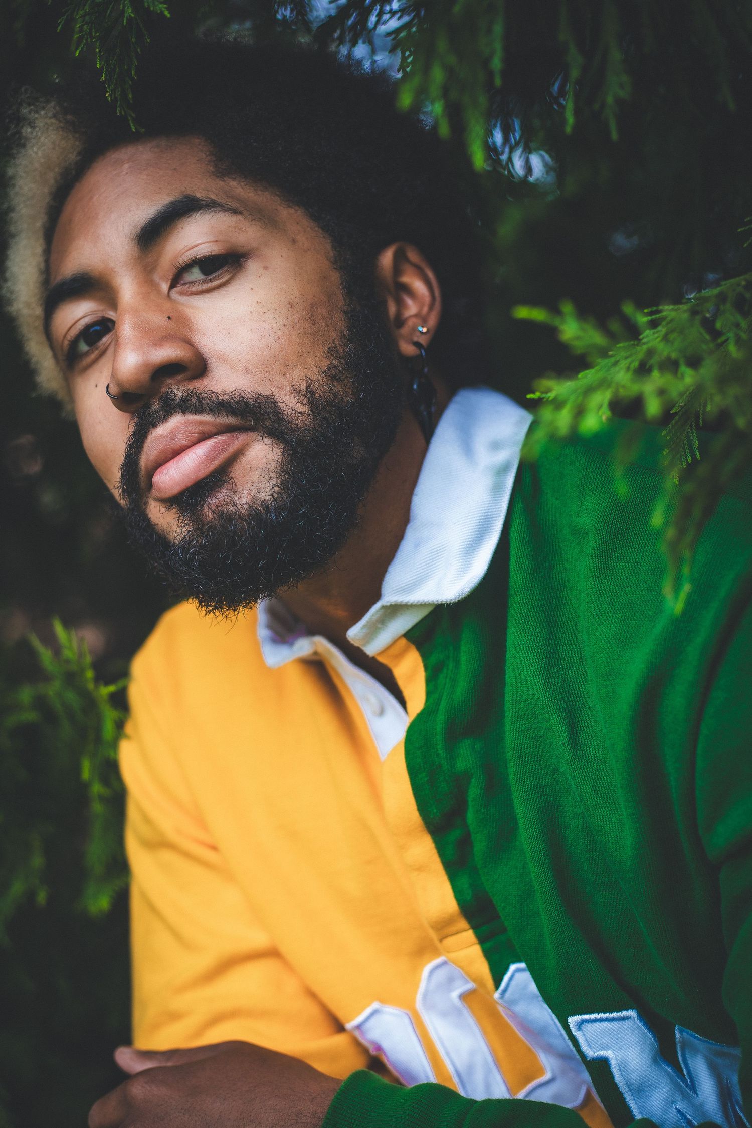 Close-up portrait of bearded man in yellow and green shirt among lush green foliage.