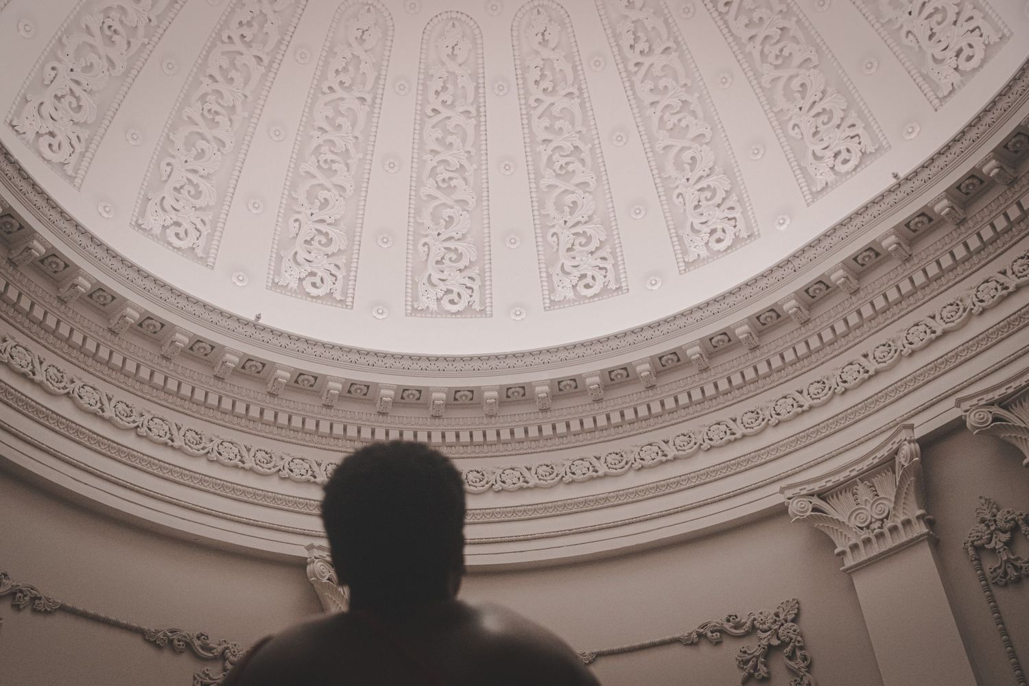 A silhouetted figure stands beneath an ornate white domed ceiling with decorative moldings.