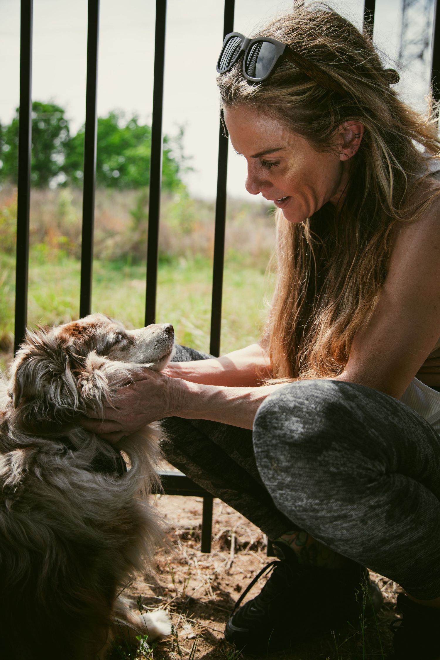 Smiling woman with sunglasses crouching down to pet her fluffy Australian shepherd dog near a metal fence outdoors.