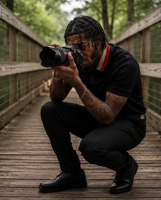 Tattooed photographer crouching on wooden bridge capturing photos with a professional DSLR camera outdoors.