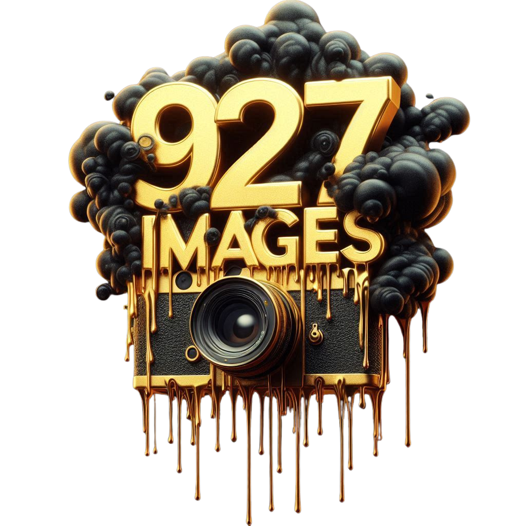 927 Images logo featuring gold 3D text with black smoke clouds above a vintage camera with dripping effect.