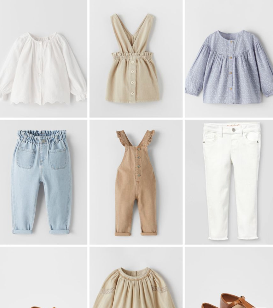 A collage of neutral-toned baby girl clothing including white blouse, linen dress, blue top, denim jeans, tan overalls, and white pants.