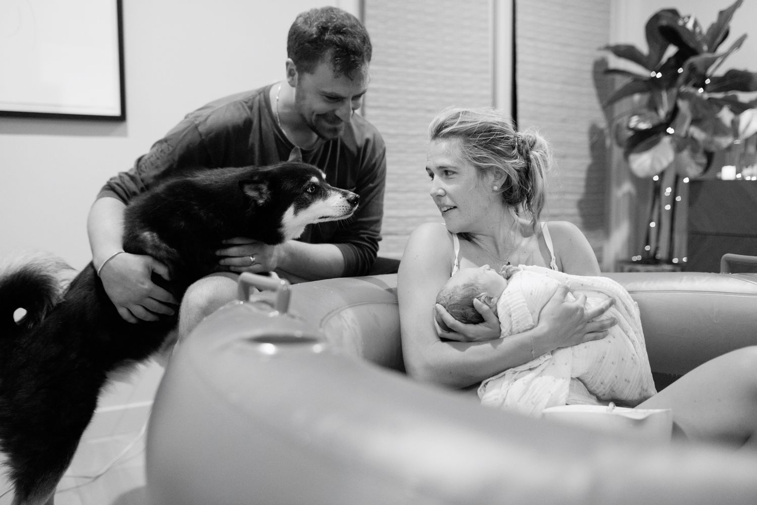 Black and white photo of new parents introducing their large dog to their newborn baby beside a birth pool.