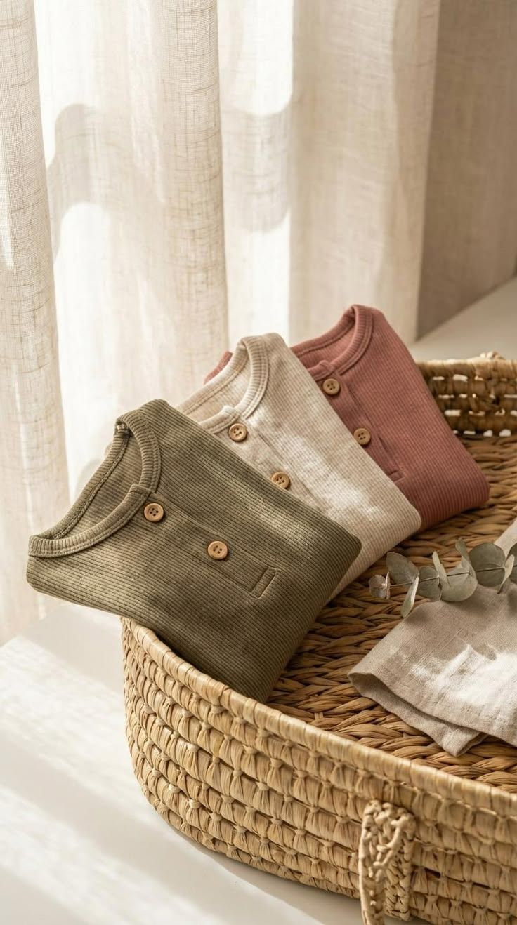 Three folded ribbed henley shirts in olive, beige, and mauve with wooden buttons arranged in a woven basket.