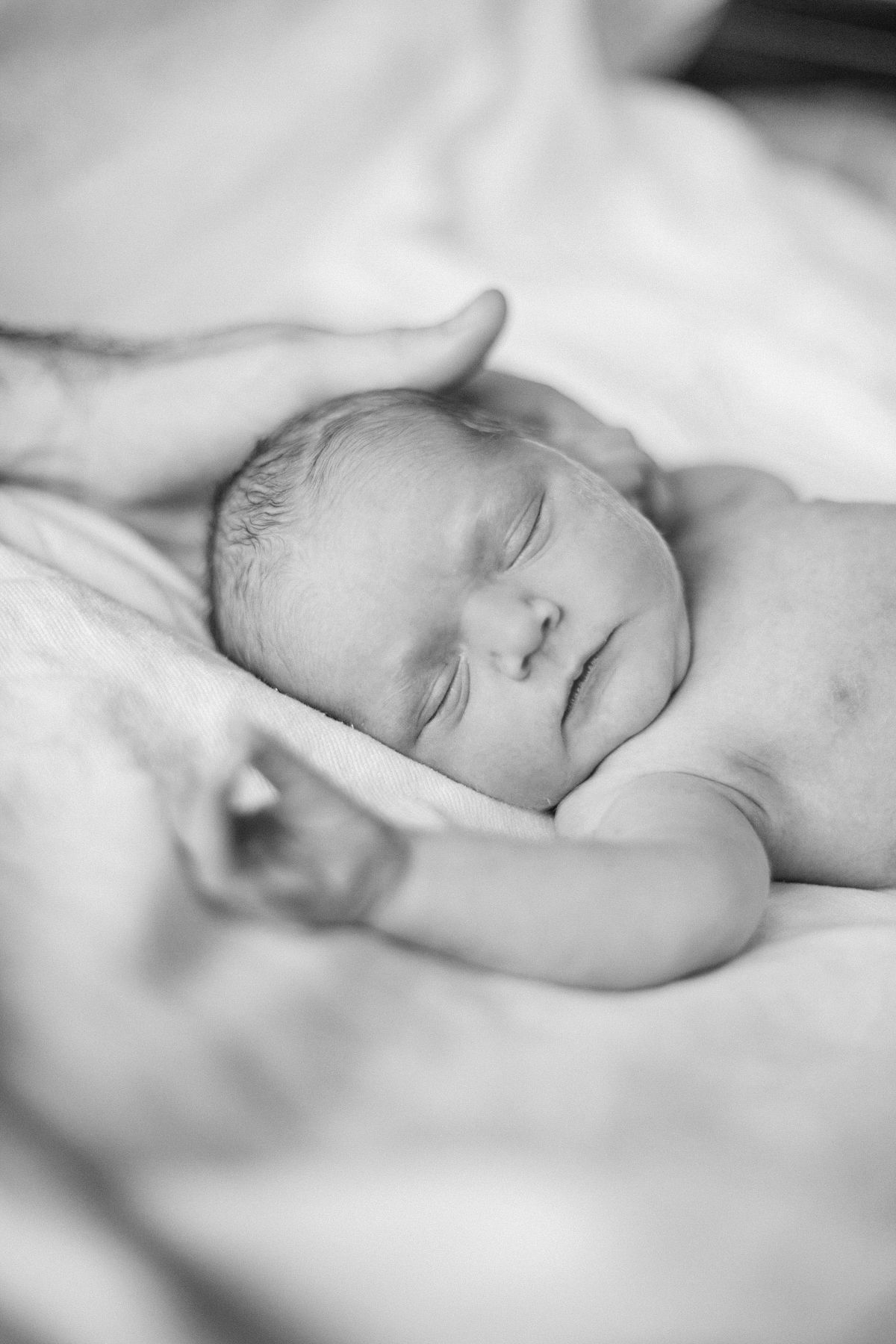 Black and white photo of a peaceful sleeping newborn baby cradled gently in an adult's hands on soft white blankets.
