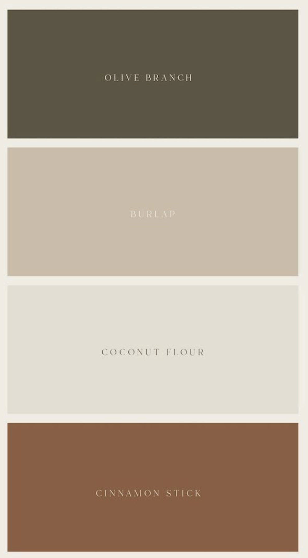 Earth-tone color palette featuring Olive Branch, Burlap, Coconut Flour, and Cinnamon Stick swatches.