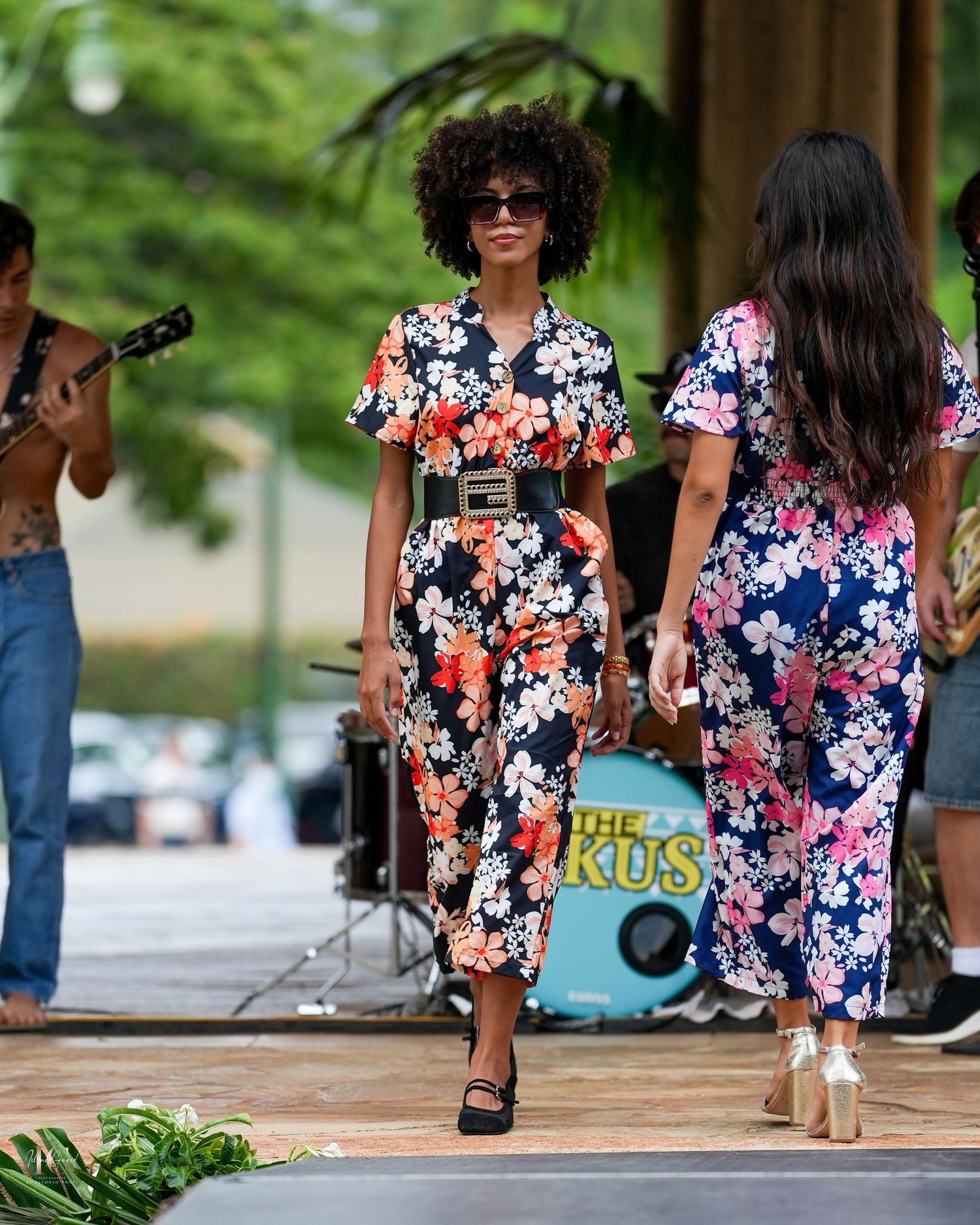 A collage of fashion photos showing people wearing floral print dresses and outfits in an outdoor setting.