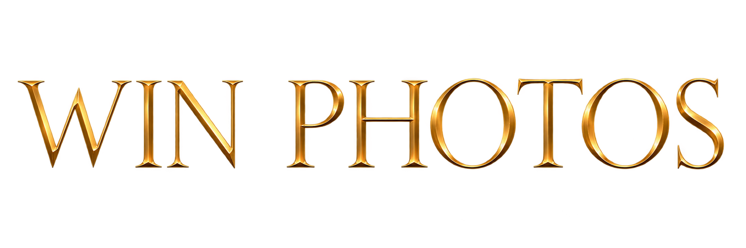 Golden metallic text logo reading WIN PHOTOS on a white background with elegant embossed typography.