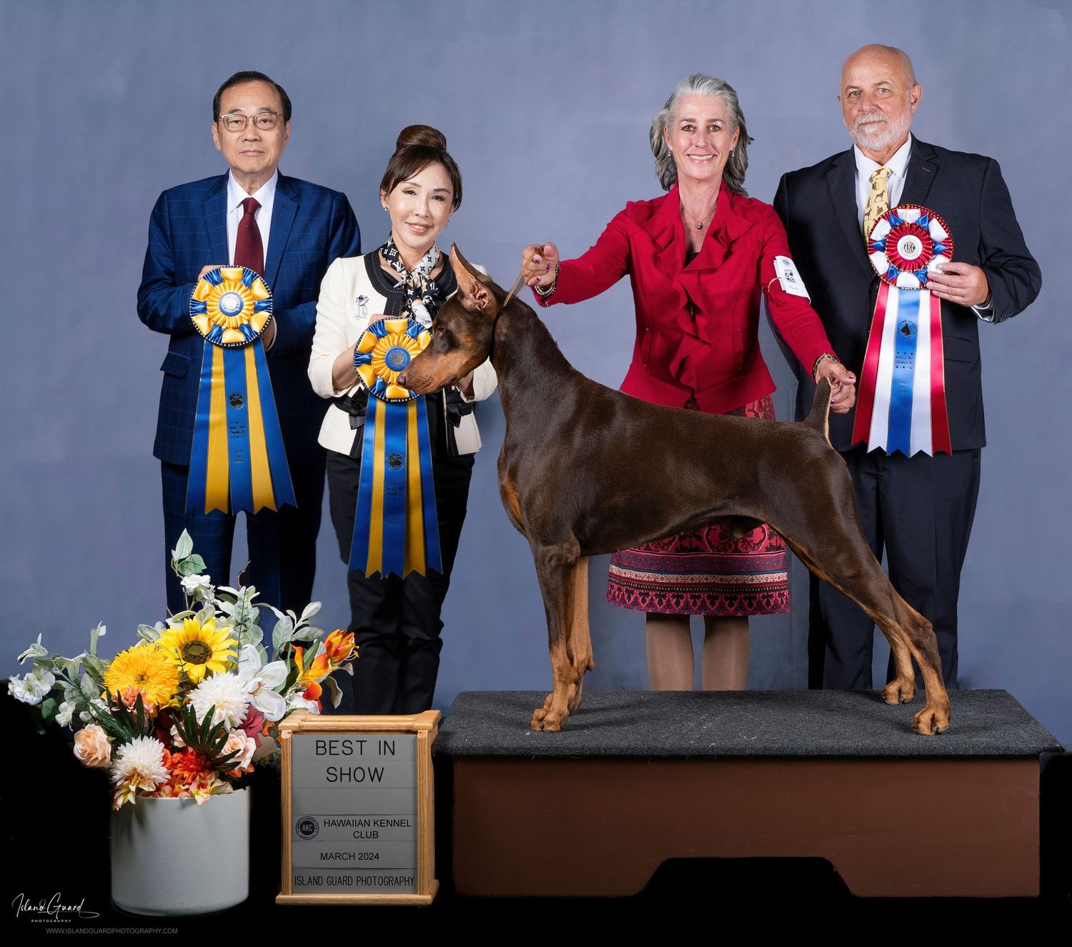 Dog show champions posing with their Doberman Pinscher and display of awards and ribbons.