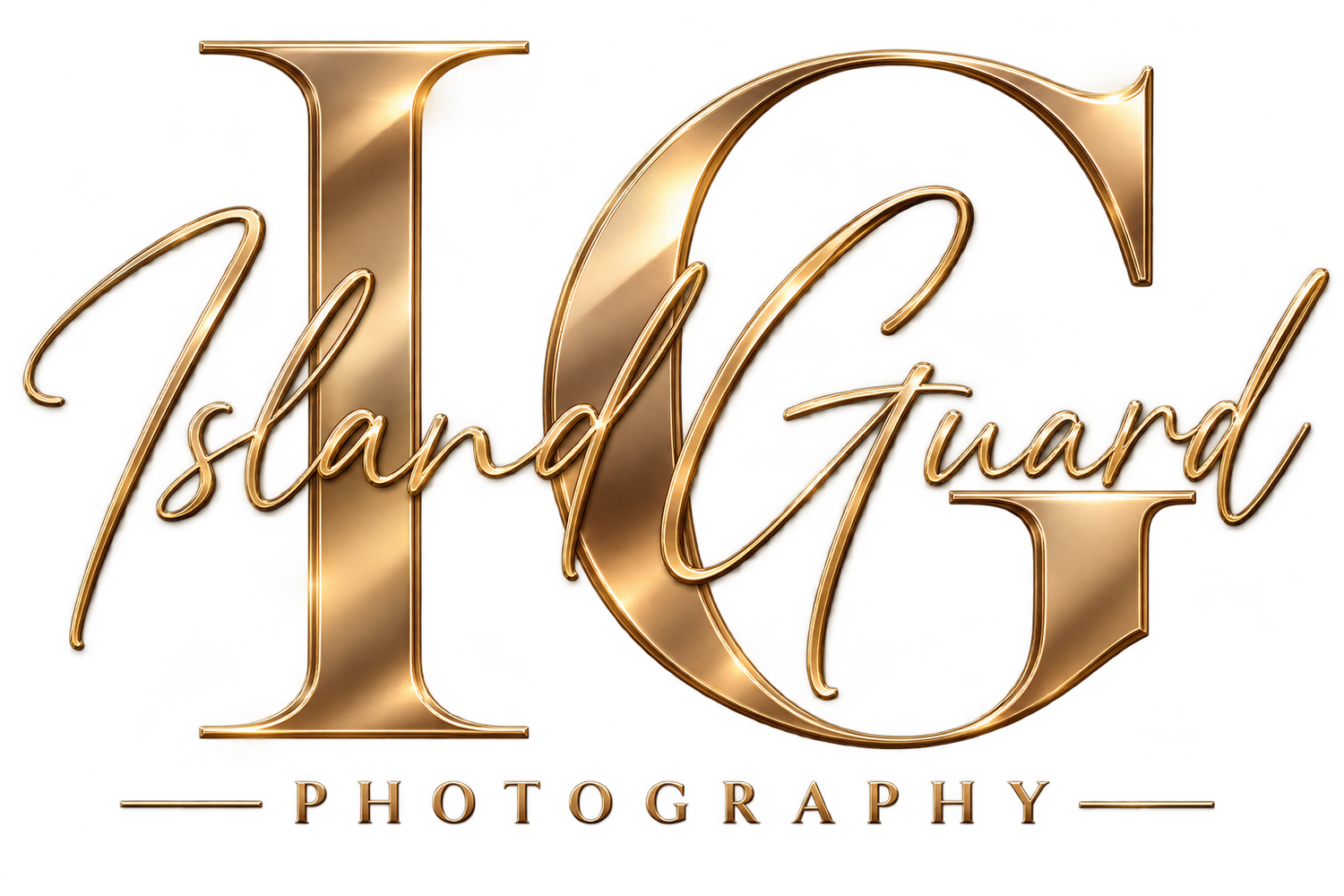 Gold metallic Island Guard Photography logo with elegant IG monogram initials in luxury typography.