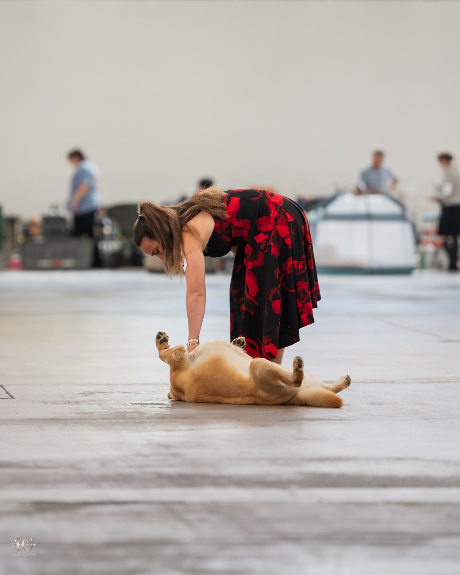 A dancer in red and black performs a rolling floor movement sequence on a light colored stage.