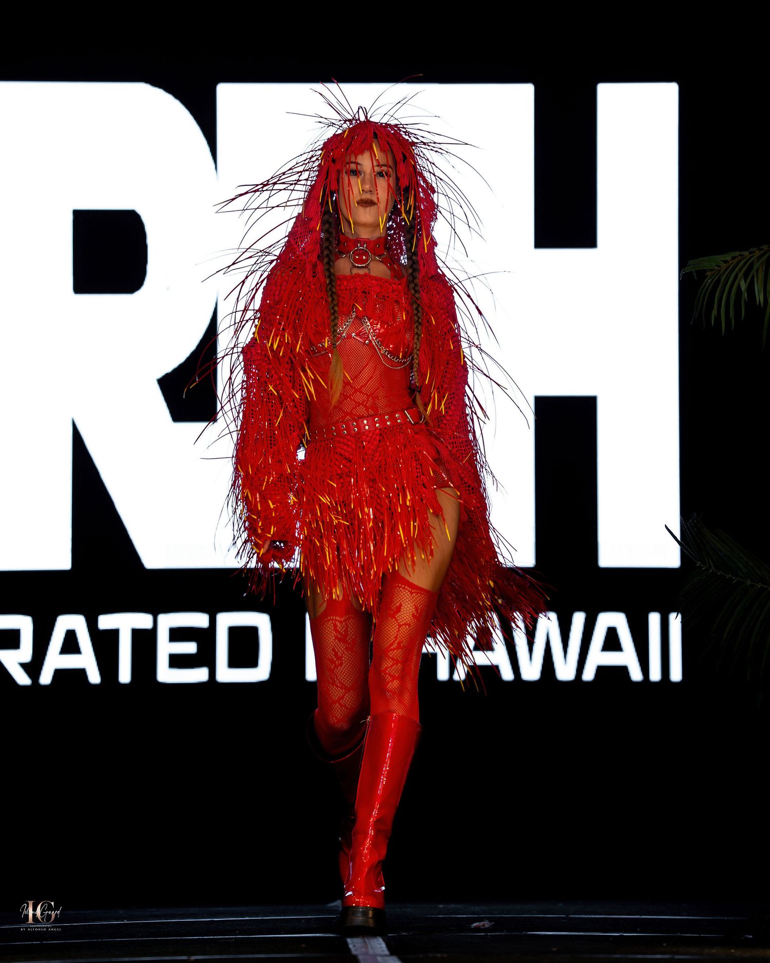 A series of four promotional images featuring a performer in a striking red feathered outfit against a dark background.