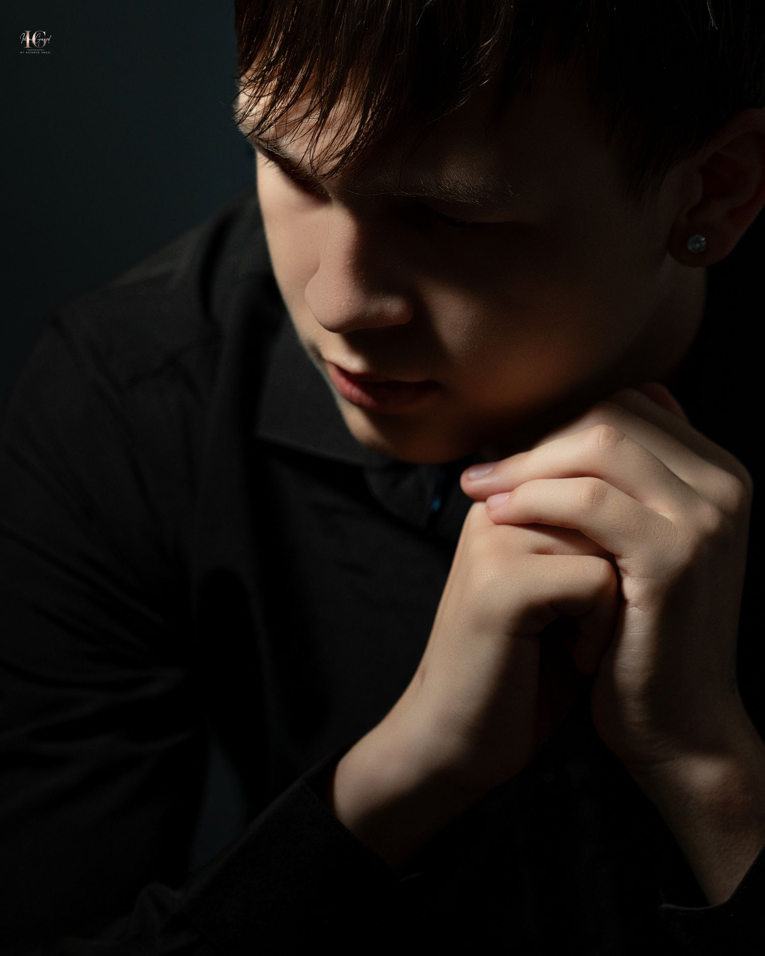 Dark and moody portrait series featuring dramatic shadows and mysterious partial facial features in low-key lighting.