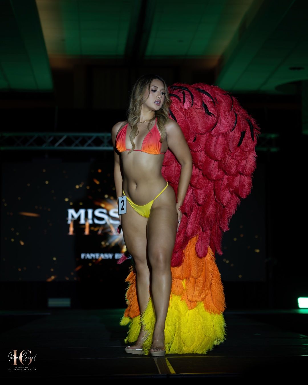 A performer walks gracefully on stage wearing a vibrant rainbow fan-style feathered costume piece in a dimly lit venue.