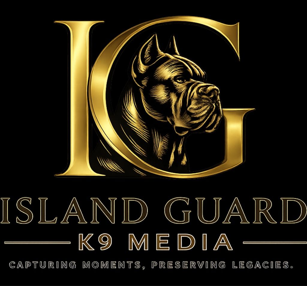 Gold logo for Island Guard K9 Media featuring a Cane Corso dog, with tagline Capturing Moments, Preserving Legacies.