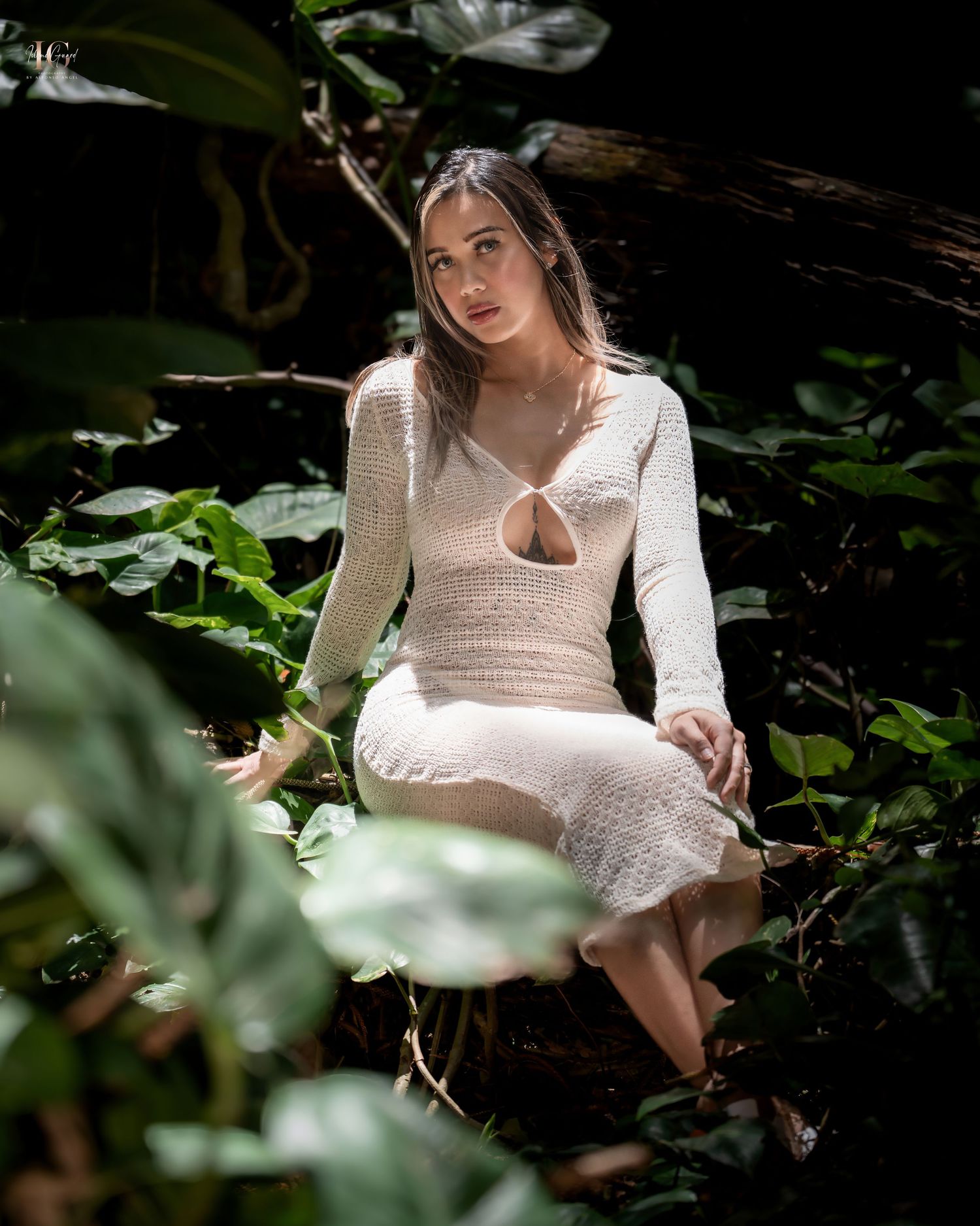 A person in a white dress sits gracefully among lush green foliage in a moody forest setting.