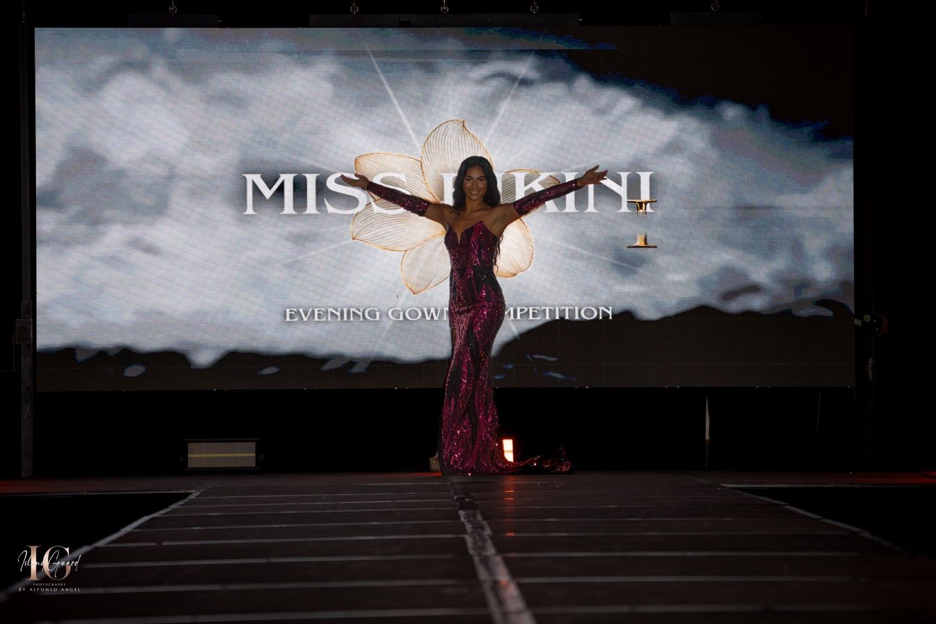 A dancer in a red dress performs a graceful pose against a moody cloudy sky at dusk.
