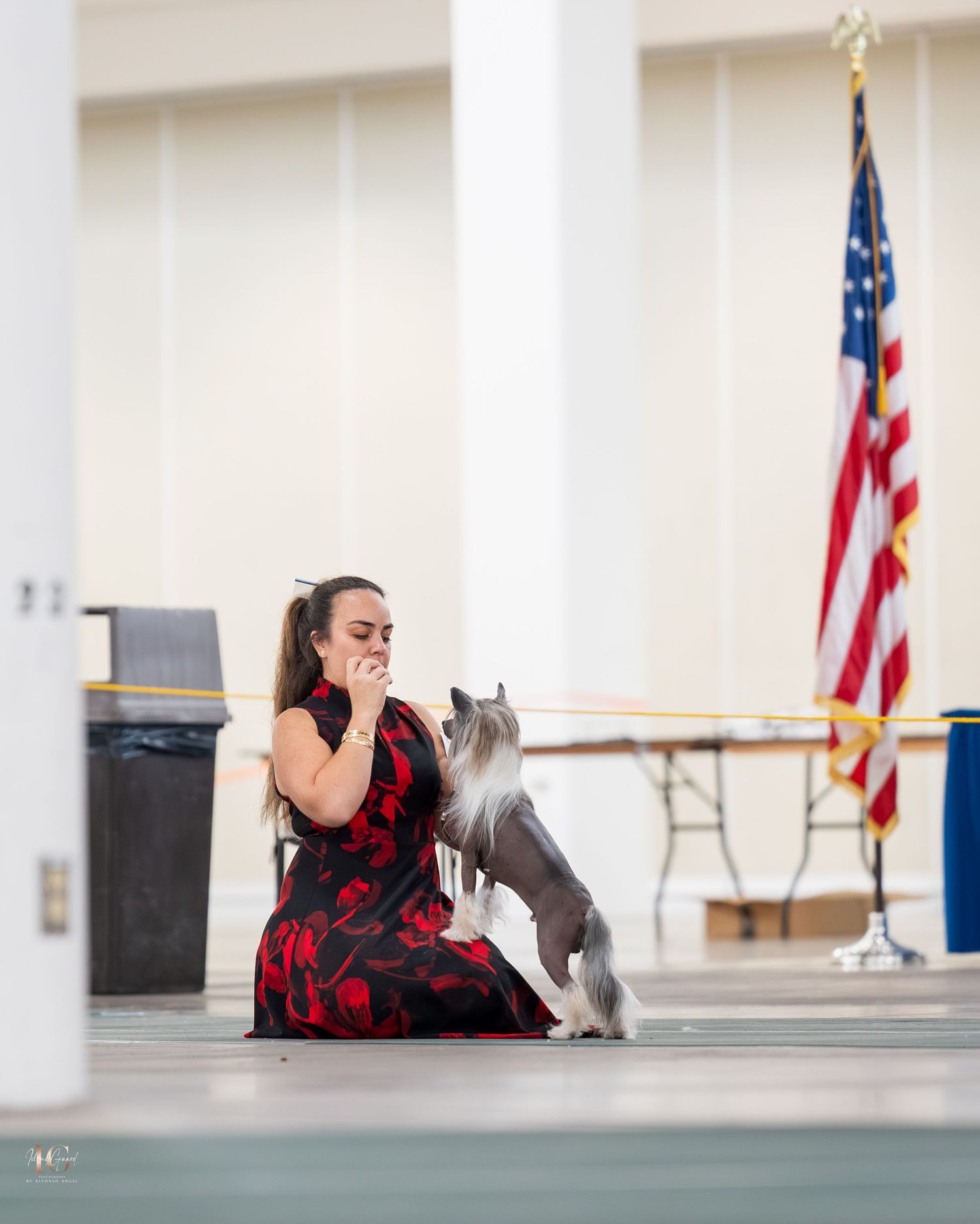 A dancer in a red and black dress performs a contemporary dance sequence in front of an American flag.
