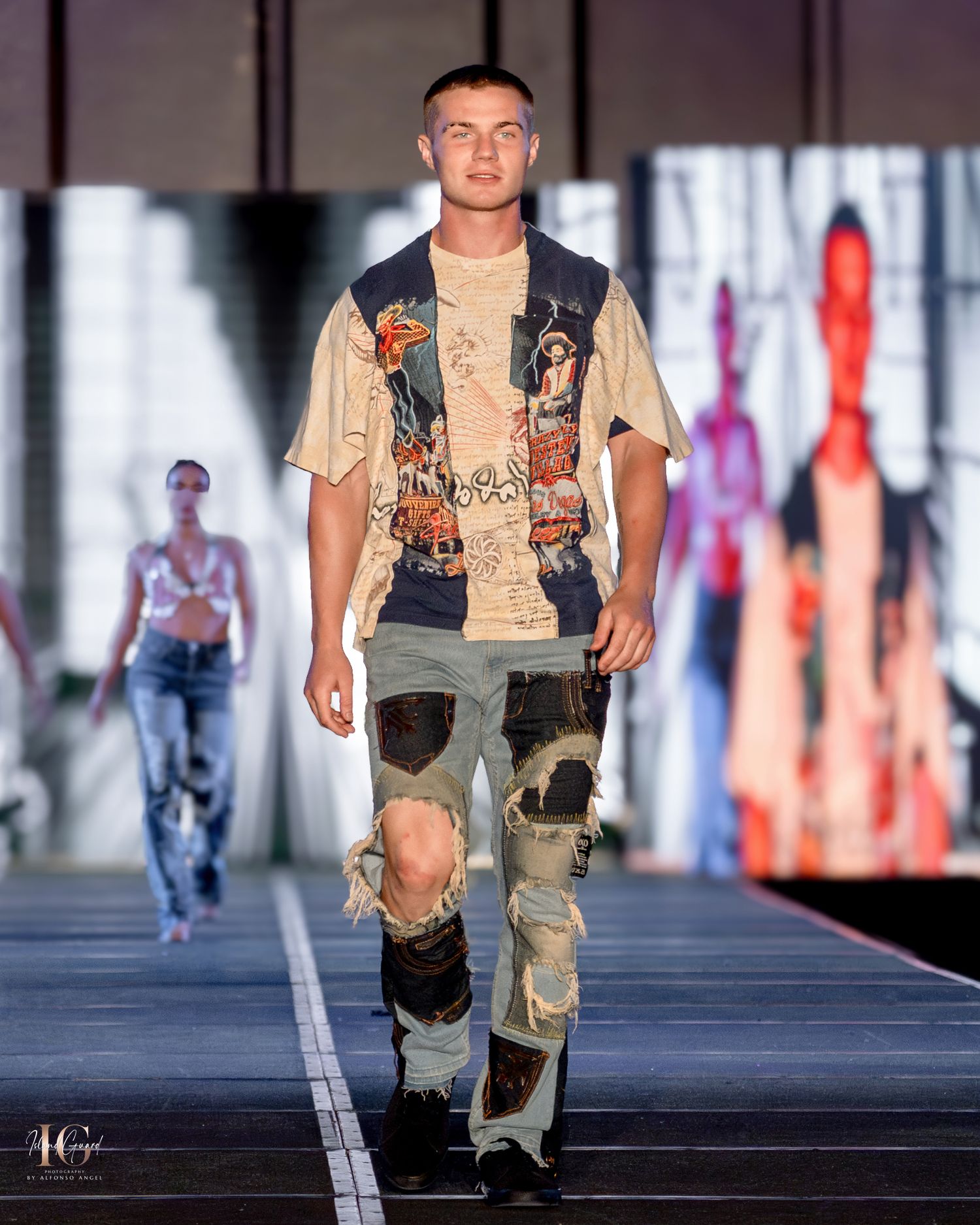 Fashion model wearing military-inspired cargo pants and vest ensemble on catwalk.
