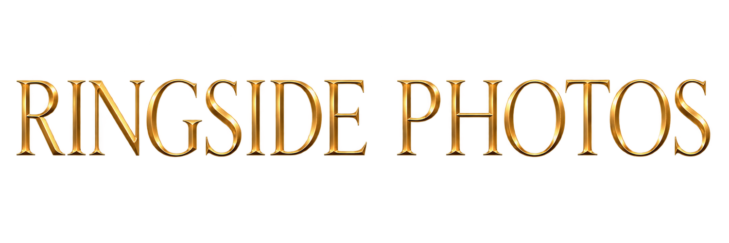 Gold metallic text logo reading Ringside Photos on a white background.