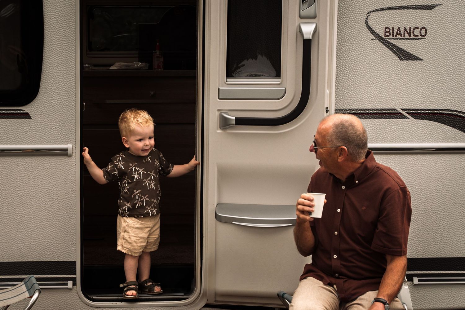 A collage of people interacting with and around a recreational vehicle or RV camper.