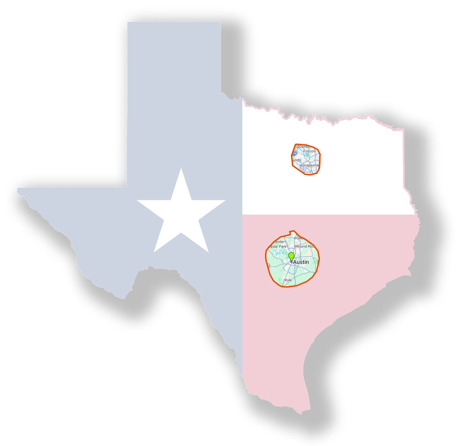 Map of Texas divided into quadrants with two circular inset maps highlighting specific regions of the state.