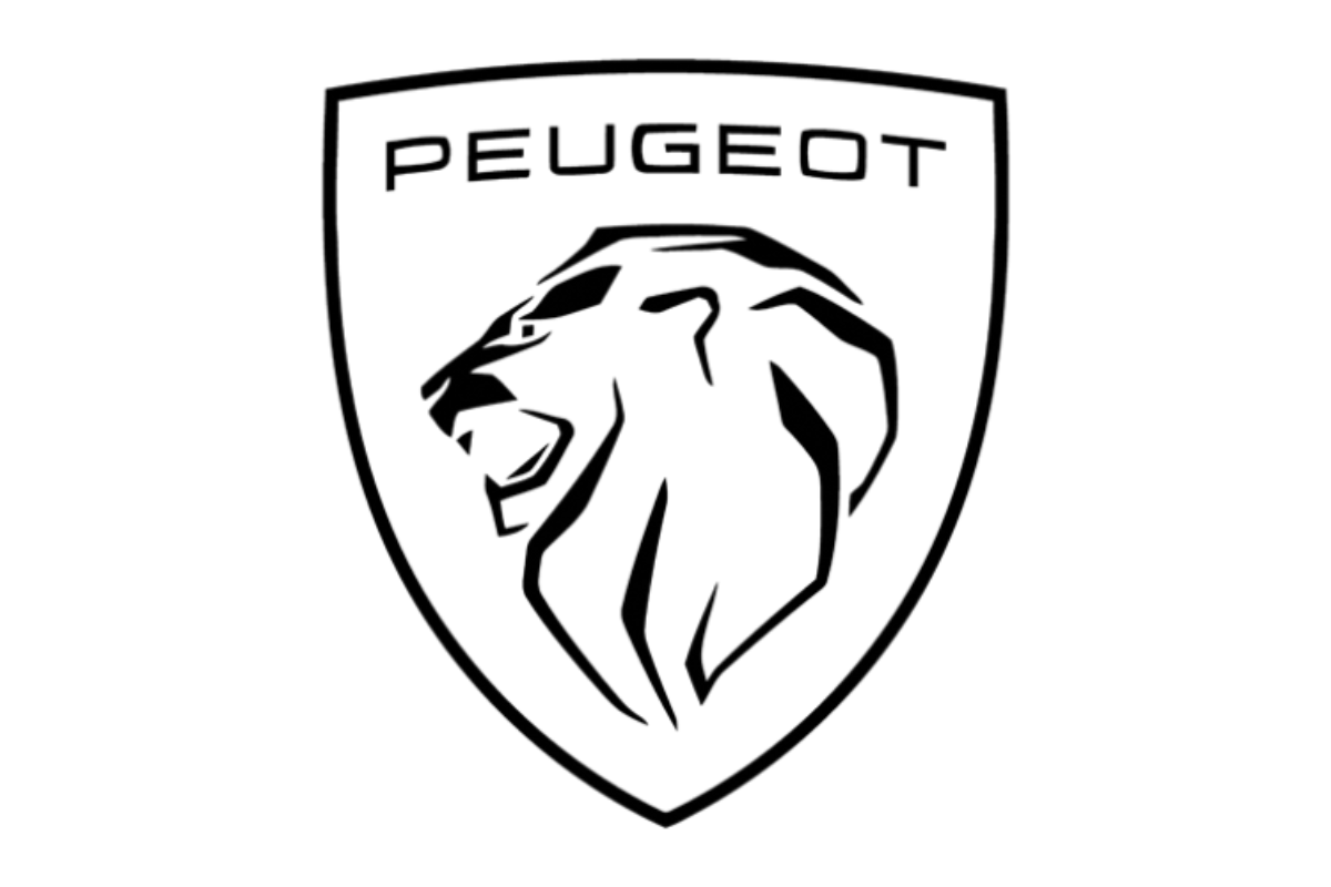 The new minimalist Peugeot logo featuring a lion head profile in a shield design with the brand name above.