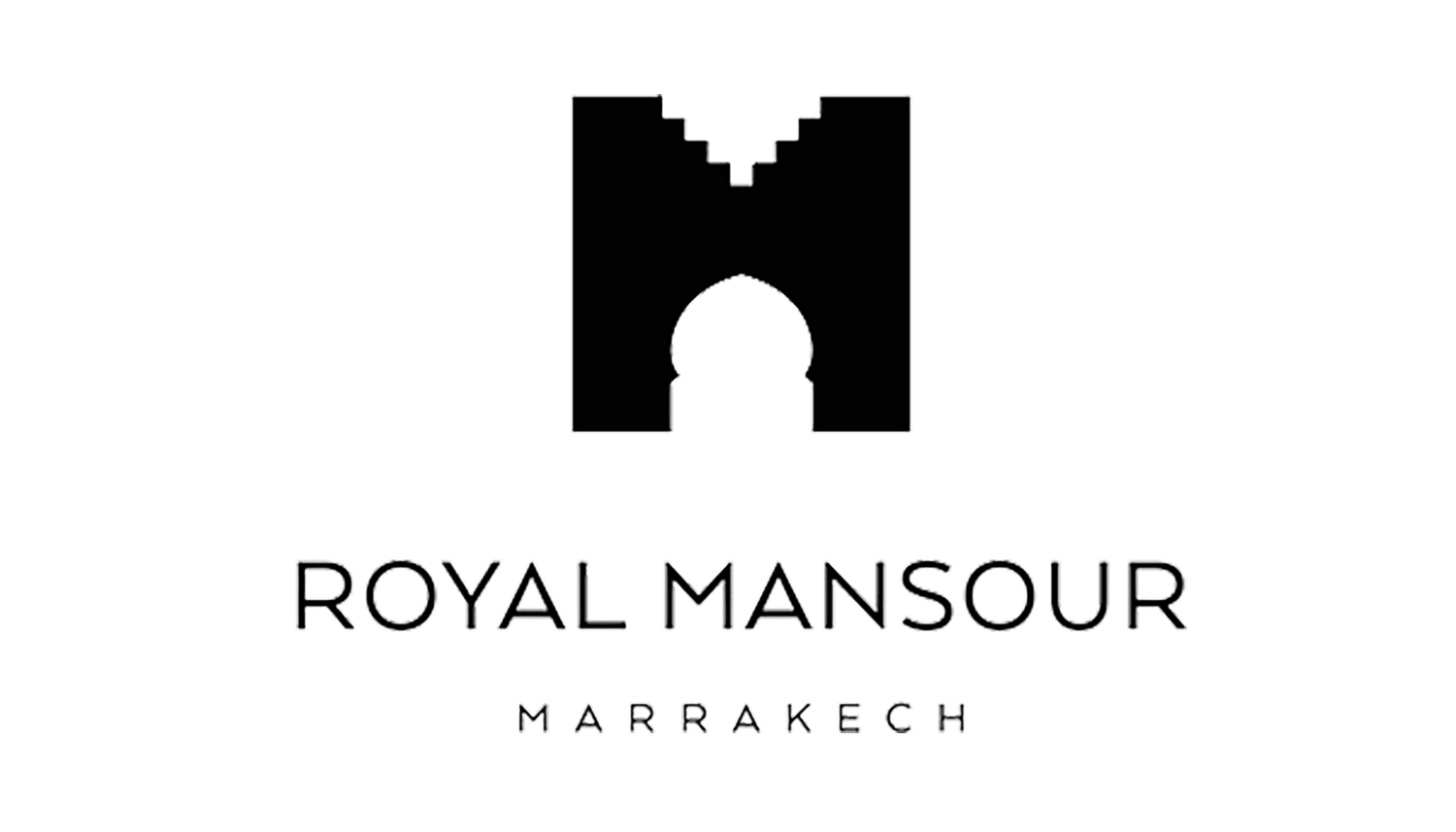 Elegant white and black Royal Mansour Marrakech hotel logo design with crown symbol on dark background.