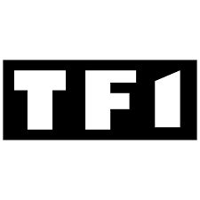 The black and white logo of French television channel TF1 featuring bold block letters on a dark background.