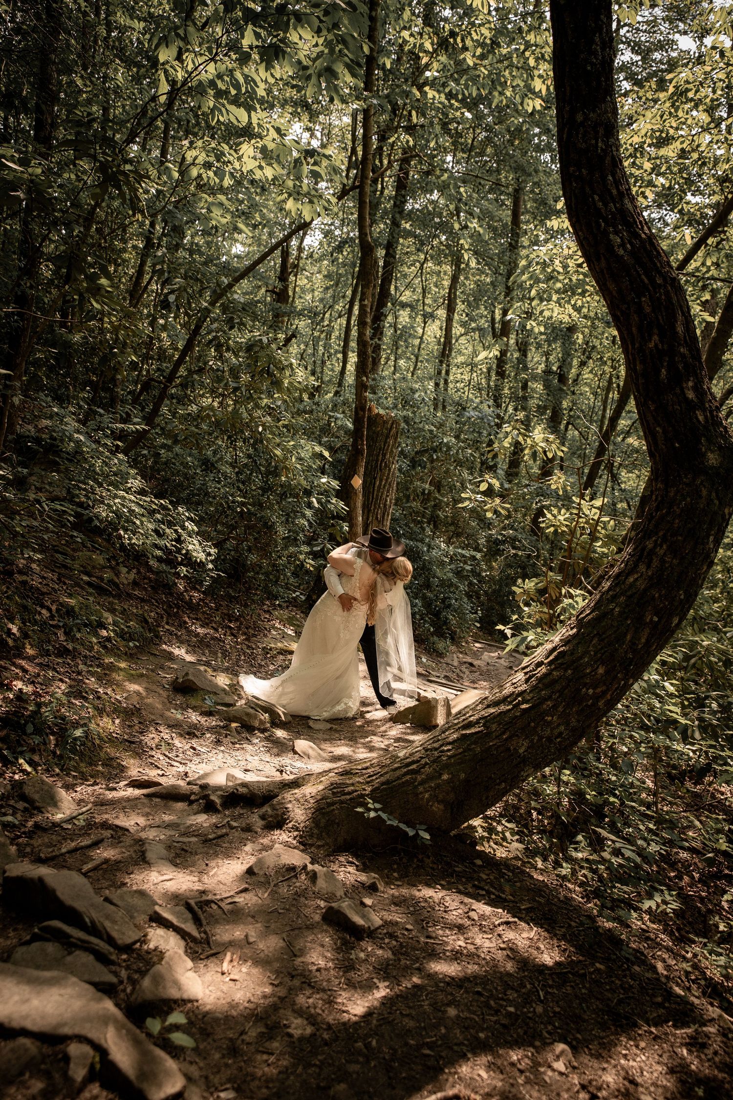 newly weds have their wedding photographer capture a wedding portrait on a hiking trail at cloudland state park in Georgia