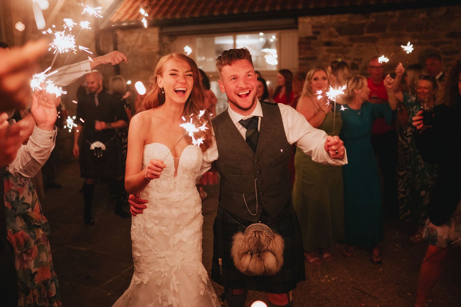 sparkler exit at falside mill st andrews wedding